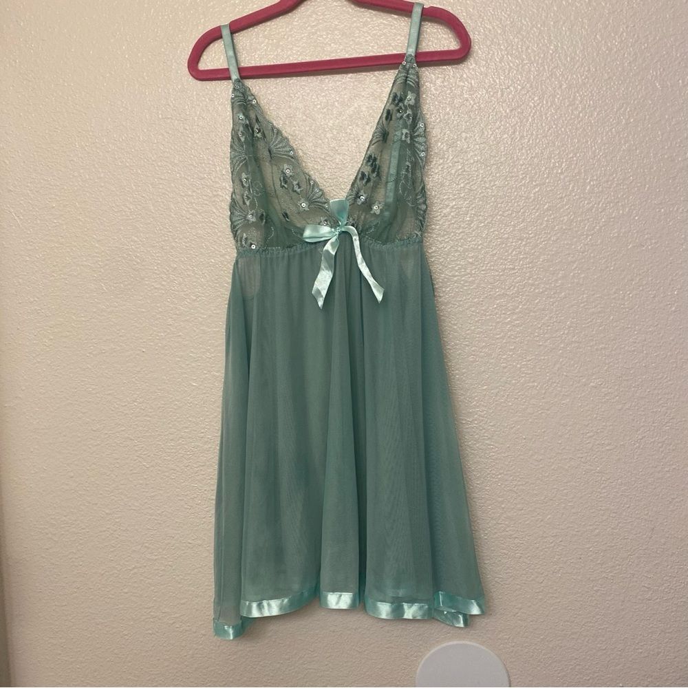 Mint green mesh stretch lace nightie lingerie sexy top XL